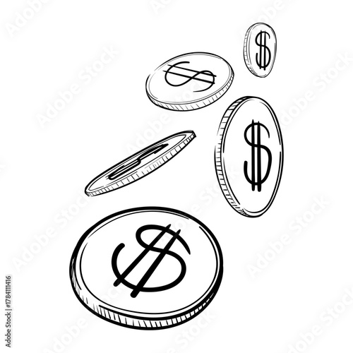 Hand-drawn illustration of dollar coins falling from above in a black and white style