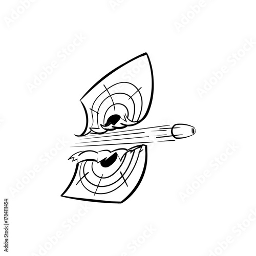 A speeding bullet pierces through two paper shooting targets with precision and impact