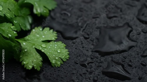 Close up of fresh coriander leaves with water droplets on dark surface