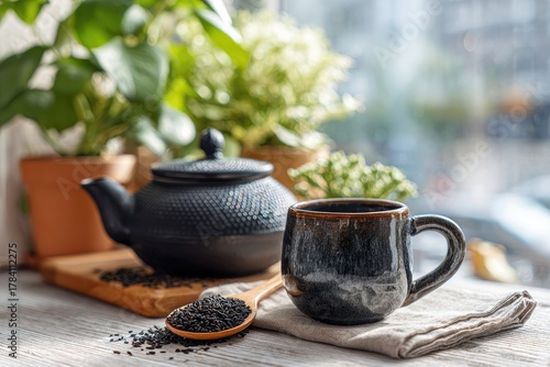 Dark-toned tea set on a windowsill, with tea seeds