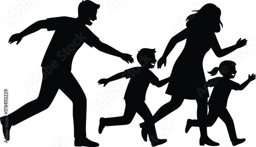 Running family silhouette, black and white vector, motion pose, urgency concept, minimal illustration, dynamic group, escape or activity theme