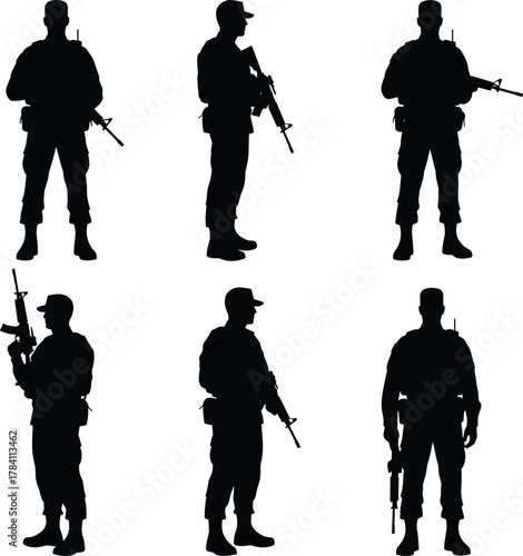 Silhouette of armed soldiers in tactical gear, rifle poses, military stance, combat readiness, black figures, defense illustration, warfare posture, helmeted troops