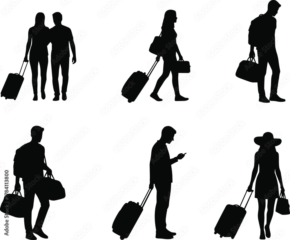 Obraz premium Travelers with luggage silhouettes, black and white vector, diverse travel poses, airport scene, minimal illustration, suitcase and backpack, journey concept