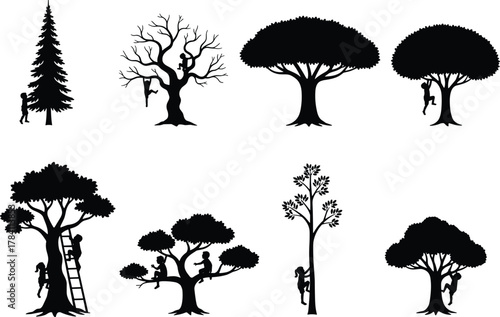 Tree climbing silhouettes, varied tree shapes, black figures in motion, nature interaction, outdoor activity, posture study, foliage contrast, ladder use, climbing poses