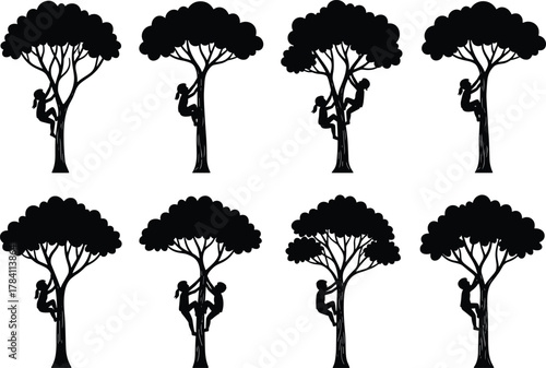 Tree climbing silhouettes, black figures in motion, nature interaction, physical activity, varied tree shapes, posture study, outdoor adventure, foliage contrast, climbing poses
