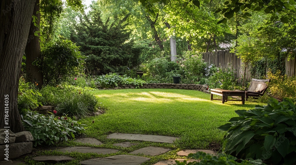 Fototapeta premium Sun-drenched backyard garden with patio