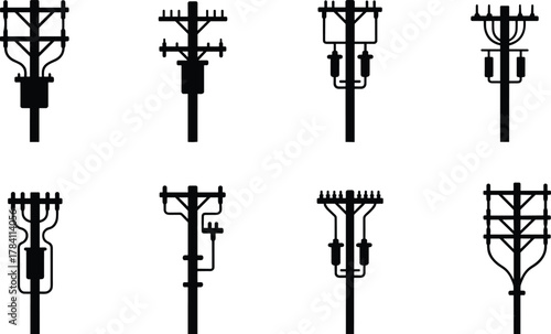 Utility pole silhouette set, black infrastructure icon collection, stylized transmission tower graphics, electrical engineering design elements, power distribution structure illustrations
