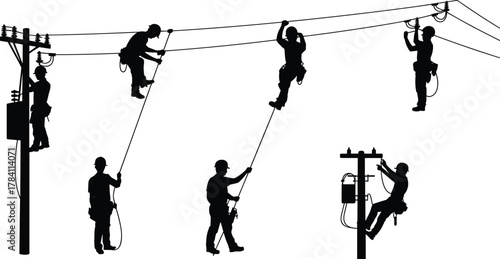 Utility worker silhouette illustration, black and white electrical maintenance icons, power line technician graphic, safety harness art, stylized infrastructure repair design, lineman activity set