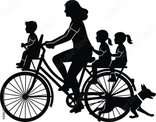 Woman biking with children and dog, family outing silhouette, black and white vector, outdoor activity, pet leash, minimal illustration, motion scene