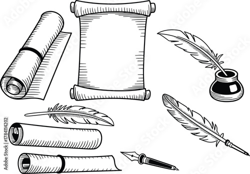 Vintage writing tools illustration, black and white scroll and quill icons, fountain pen graphic, historical calligraphy art, stylized literary instrument set