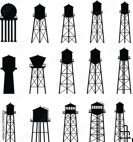 Water tower silhouette set, architectural variation, utility structure grid, black and white, civil engineering concept, urban infrastructure, tank design comparison