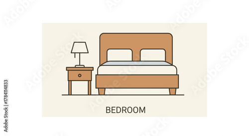 Simple bedroom interior with bed nightstand and lamp flat design silhouette