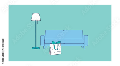 Minimalist living room scene with lamp sofa and shopping bag silhouette