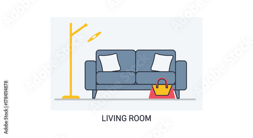 Minimalist living room interior featuring sofa lamp and handbag silhouette