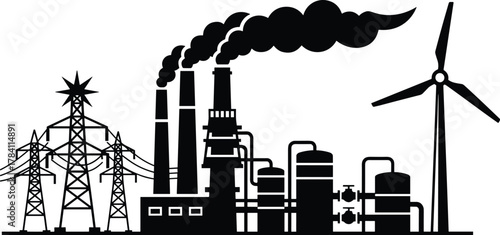 Industrial energy landscape, power lines, factory pollution, refinery tanks, wind turbine, fossil fuel vs renewable, black and white, infrastructure contrast