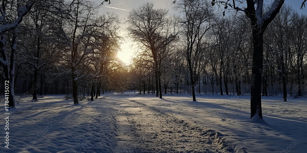 Naklejka premium Winter sun sets over snowy park path