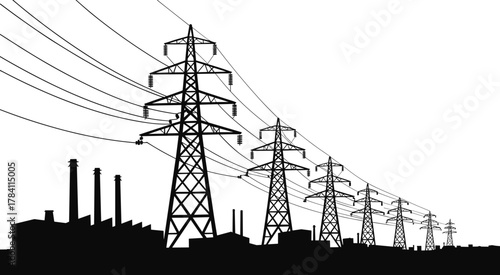 Industrial power plant silhouette, electric transmission towers, black and white energy grid art, voltage infrastructure illustration, utility network design, electricity distribution