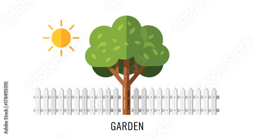 A vibrant garden scene with a sun trees and a white fence silhouette