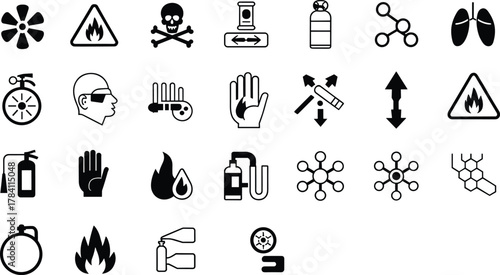 Lab safety icon set, black and white chemical hazard symbols, scientific equipment graphics, flammable and toxic warning illustration, stylized industrial safety design