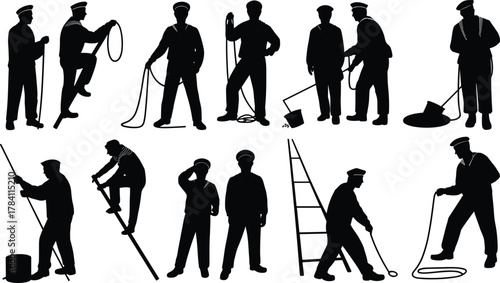 Manual labor silhouettes, construction workers, tool usage, physical tasks, black icons, rope pulling, ladder climbing, sweeping, shoveling, industrial work, job roles, teamwork