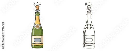 Vector illustration set of a green champagne or prosecco bottle with the cork popping out and a stream of bubbles, featuring color and outline versions
