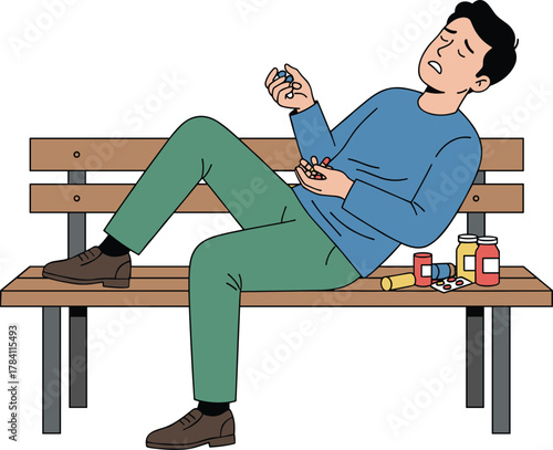 Person with pills, medication misuse concept, sitting on bench, distressed expression, overdose risk, public health awareness, cartoon illustration, blue and green outfit