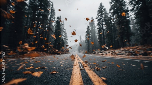 Autumn leaves blowing across a forest road with pine trees
