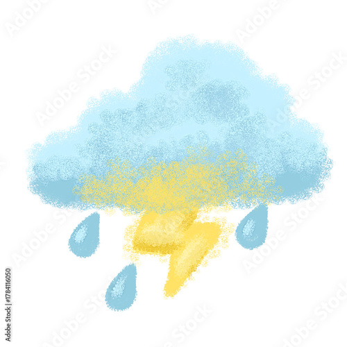 Hand-drawn watercolor illustration of a cloud with thunder and rain.
