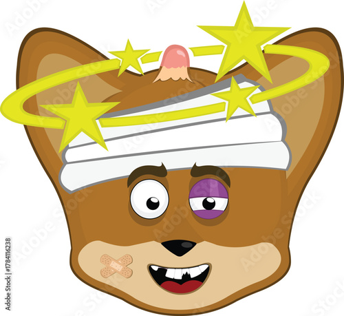 vector illustration emoticon character face fox animal, hurt with a black eye and seeing stars