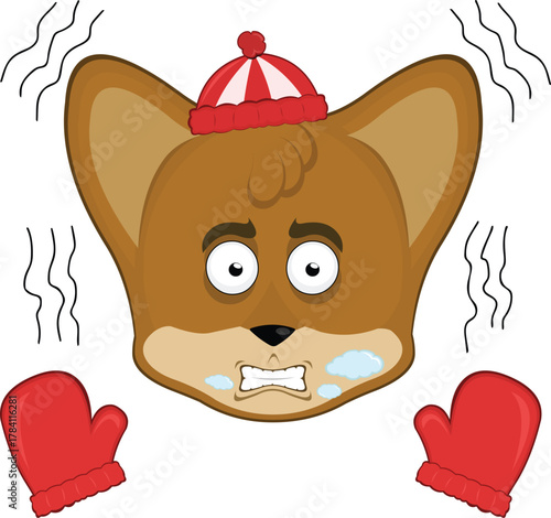 vector illustration emoticon character face fox animal shivering cold, wearing gloves and a winter hat, with breath vapor in his mouth