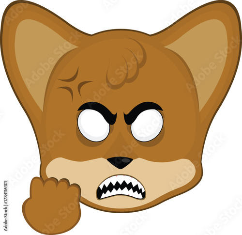 vector illustration emoticon character face fox animal, with white eyes of angry expression concept, sharp teeth and hand revenge gesture