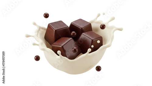 Vector illustration of delicious dark chocolate cubes splashing into creamy milk on a white background