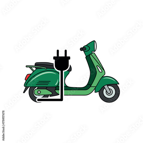 Vector illustration of a green electric scooter with a power plug for eco-friendly transportation