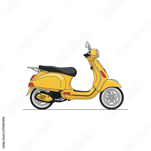 Bright yellow classic motor scooter design with elegant lines and retro aesthetic, vector graphic