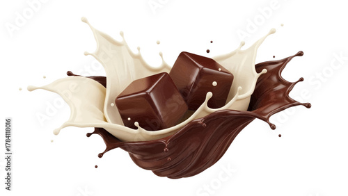 Vector illustration of chocolate and cream splash with chocolate cubes on a white background