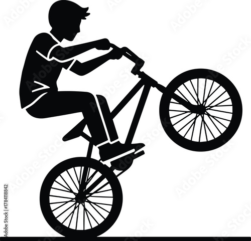 Bicycle wheelie silhouette, stunt rider, black and white vector, extreme sport, balance skill, motion pose, cycling trick, minimal illustration