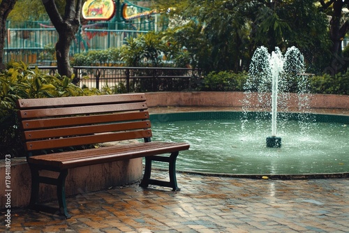 A calm scene of a bench near the amusement park fountain, quiet corner for rest, clean and professional composition, copy space, natural color, minimalism, stock photography