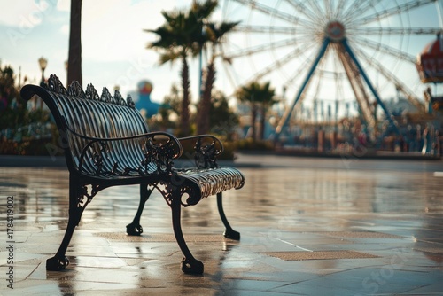 A calm scene of a bench near the amusement park fountain, quiet corner for rest, clean and professional composition, copy space, natural color, minimalism, stock photography