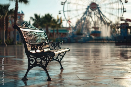 A calm scene of a bench near the amusement park fountain, quiet corner for rest, clean and professional composition, copy space, natural color, minimalism, stock photography