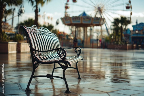 A calm scene of a bench near the amusement park fountain, quiet corner for rest, clean and professional composition, copy space, natural color, minimalism, stock photography