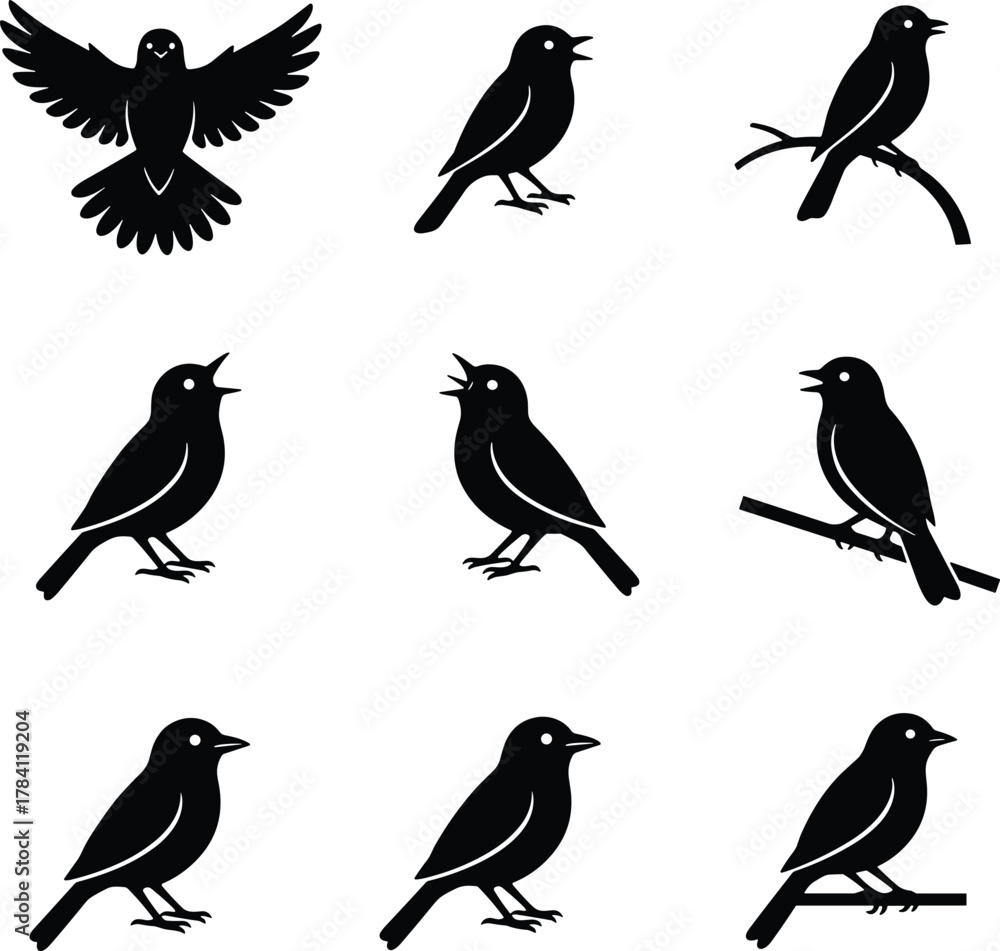 Fototapeta premium Bird silhouettes in varied poses, perched and calling, black figures, nature behavior, branch interaction, avian posture study, wildlife scene, flying and standing birds