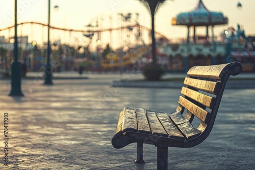 A calm scene of a bench near the amusement park fountain, quiet corner for rest, clean and professional composition, copy space, natural color, minimalism, stock photography