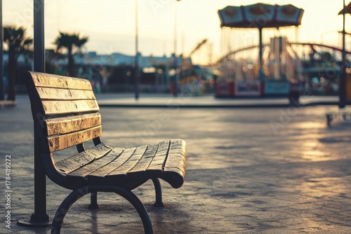 A calm scene of a bench near the amusement park fountain, quiet corner for rest, clean and professional composition, copy space, natural color, minimalism, stock photography
