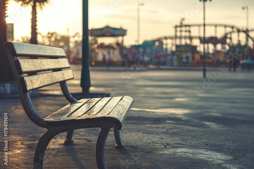 A calm scene of a bench near the amusement park fountain, quiet corner for rest, clean and professional composition, copy space, natural color, minimalism, stock photography