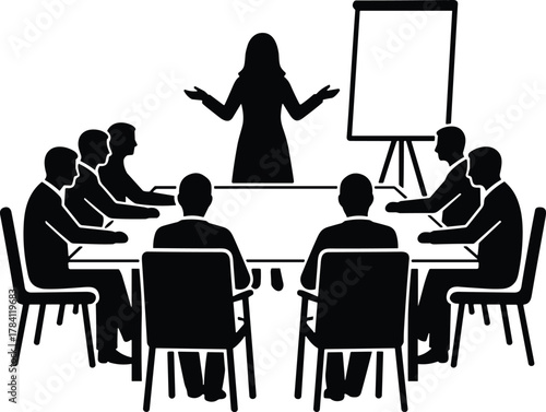 Business meeting silhouette, presenter at table, black and white vector, corporate training, leadership concept, teamwork illustration, minimal style