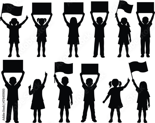 Children protest silhouette, flag and sign holding, black and white vector, unity concept, public demonstration, activism illustration, minimal style, social awareness