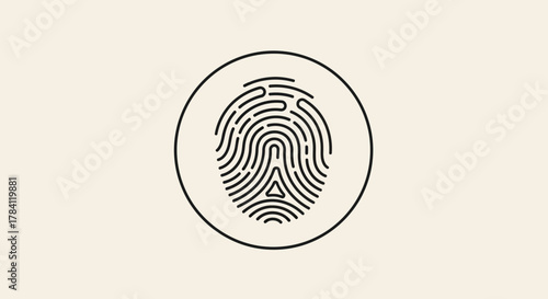 Stylized fingerprint illustration inside a circle, rendered in black lines on a light beige background.