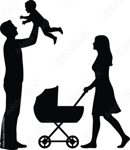 Family with baby silhouette, stroller and playful lift, black and white vector, parenting moment, minimal illustration, togetherness concept, child care scene