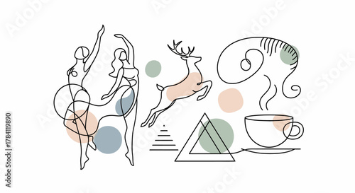 Line art illustration featuring two dancers, a leaping deer, an abstract shape, and a steaming cup of coffee, all accented with pastel circles and triangles.
