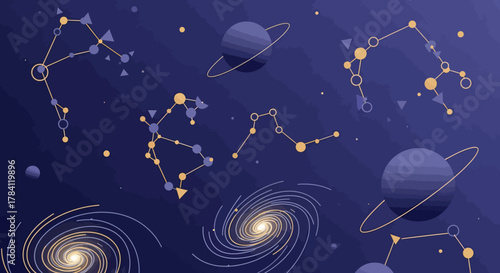 Illustration depicting constellations, planets with rings, and spiral galaxies against a dark blue cosmic background.